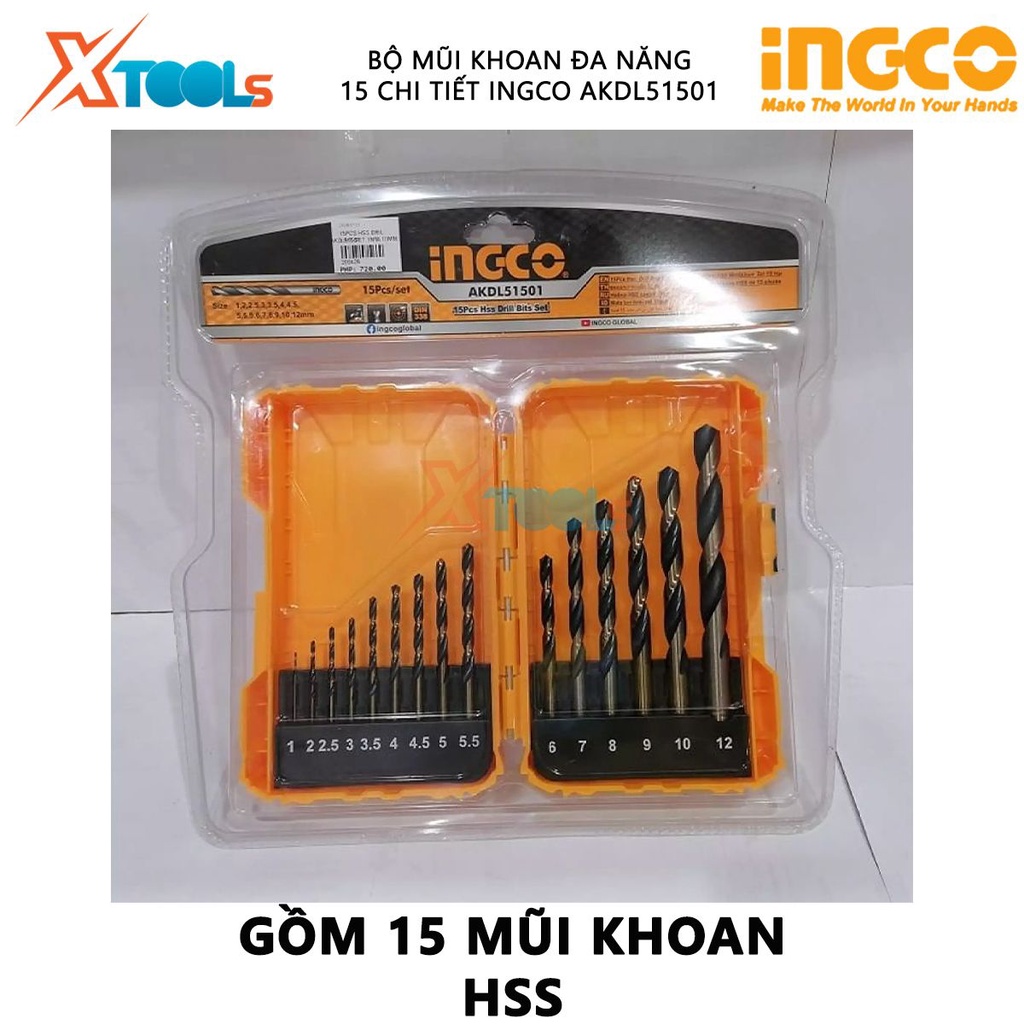 Bộ mũi khoan HSS 15 chi tiết INGCO AKDL51501 | bộ 15 mũi khoan kim loại Kích thước 1, 2, 2.5, 3, 3.5, 4, 5, 6, 7, 8, 9,