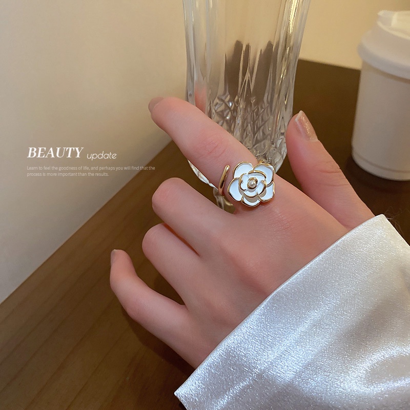 【kifli】Nhẫn hợp kim hình hoa trà đính ngọc trai giả xinh xắn đáng yêu