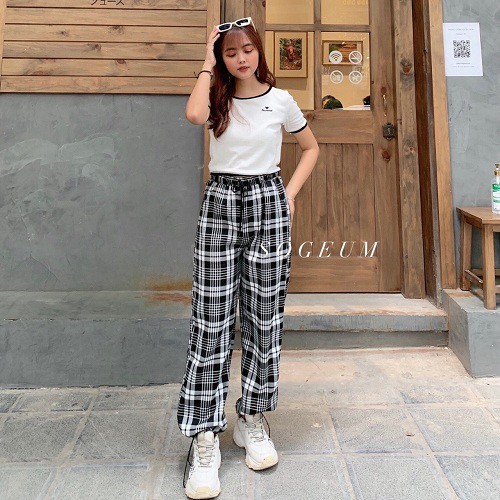 Quần vải kẻ caro dây rút chân mặc được 2 kiểu ống Jogger và ống rộng size S M L [video hình thật]