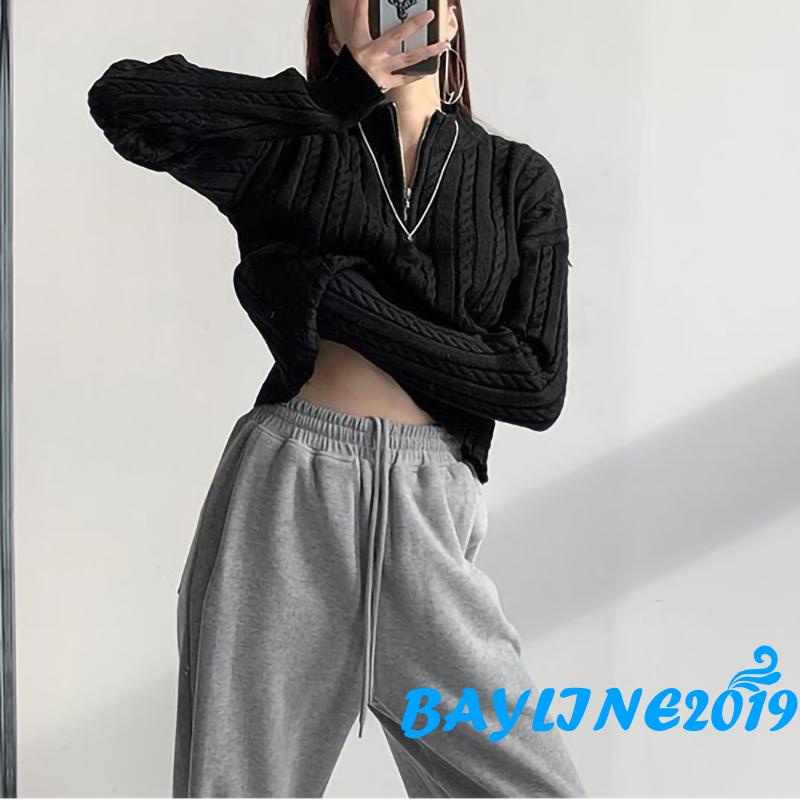 Áo len tay dài cổ cao màu trơn phối khóa kéo thời trang cho nữ