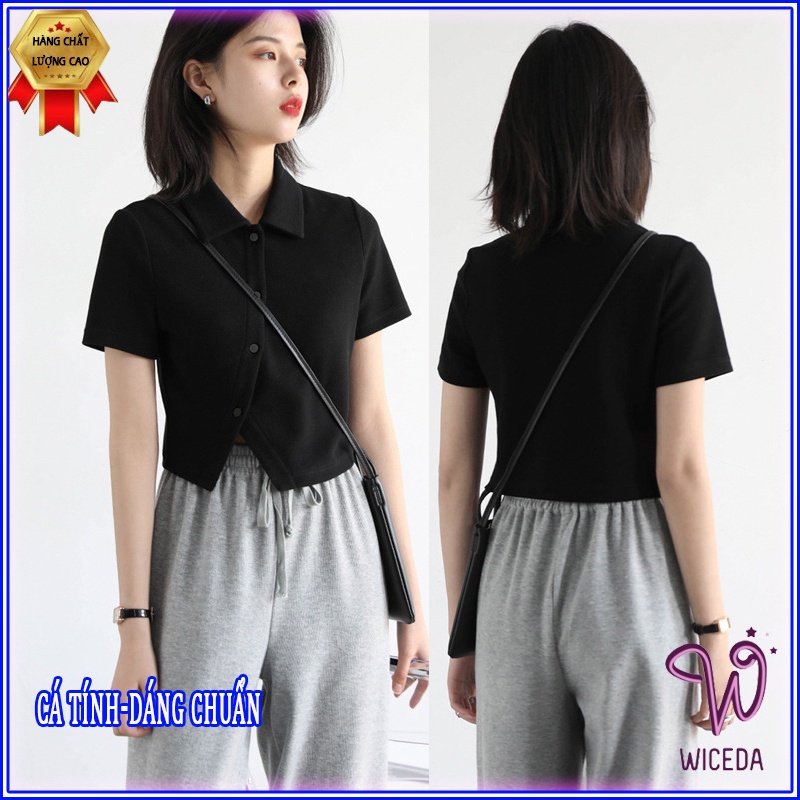 Áo croptop nữ polo tay ngắn vạt chéo có cổ,áo kiểu chất cotton mềm mịn cúc thật 4 màu đen trắng ghi hồng nhạt Wiceda AP4 | BigBuy360 - bigbuy360.vn