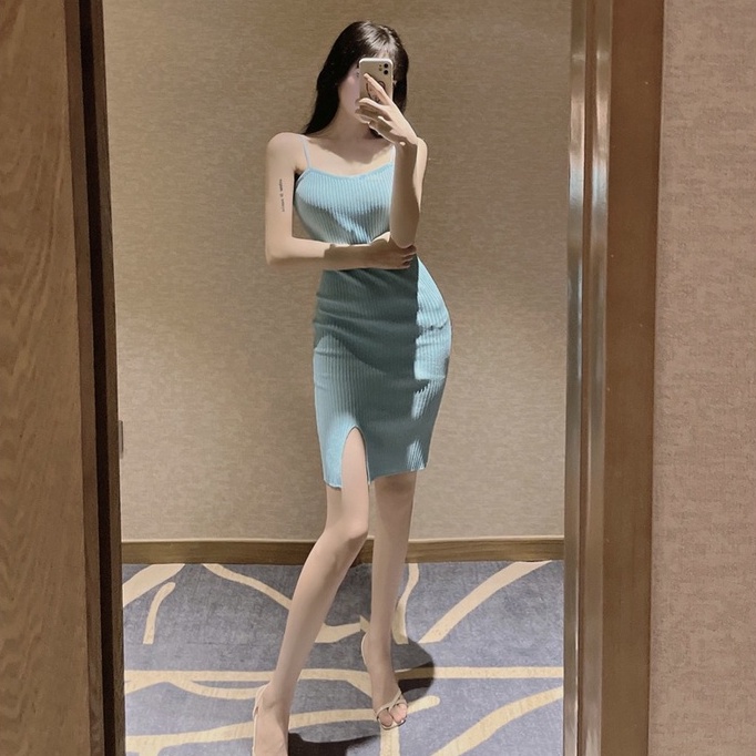 Đầm dệt kim hai dây ZHELIHANGFEI dáng ôm phong cách gợi cảm