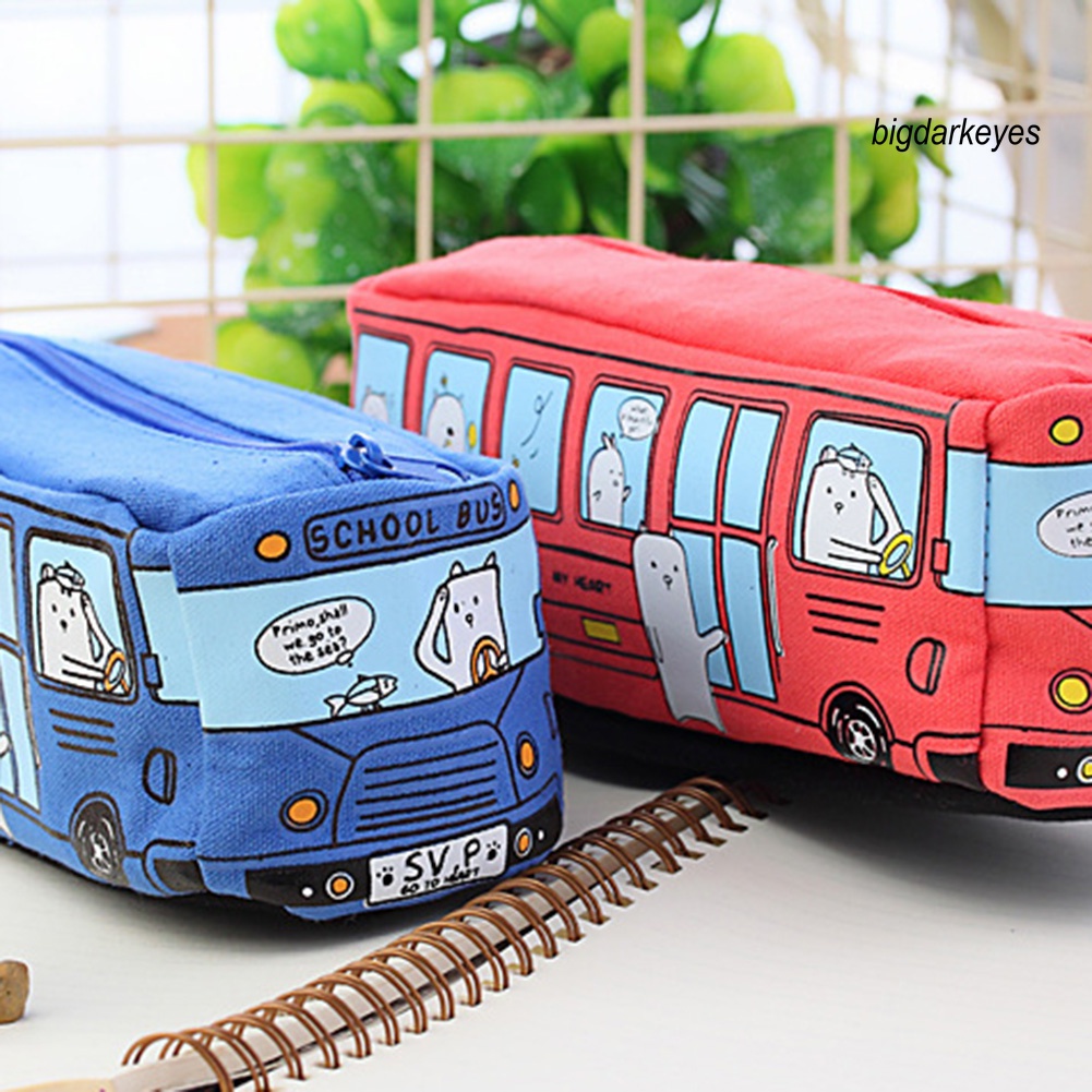 Túi Đựng Bút Bằng Vải Canvas Hình Xe Buýt Hoạt Hình Sáng Tạo