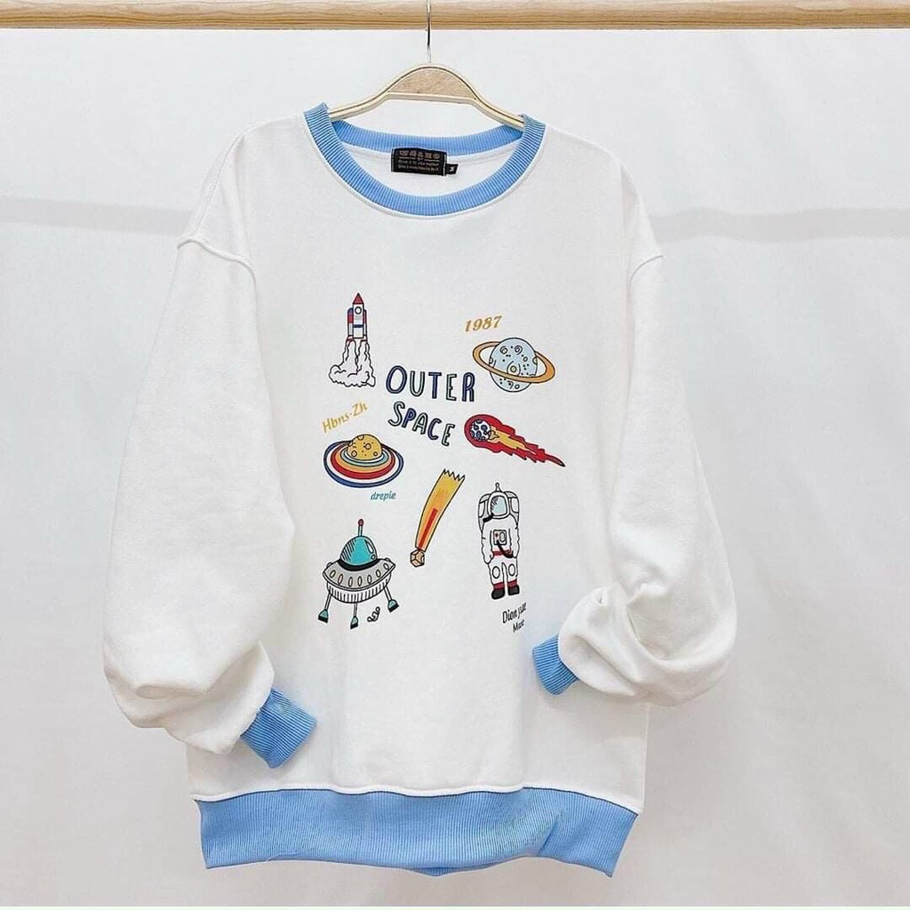 Áo sweater nỉ unisex form rộng phối 1987 Space nam nữ phong cách ulzzang Wind | BigBuy360 - bigbuy360.vn