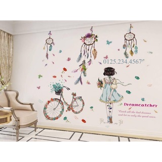 Decal dán tường Combo 2 tranh cô gái xe đạp + lưới giấc mơ ( Dreamcatcher )