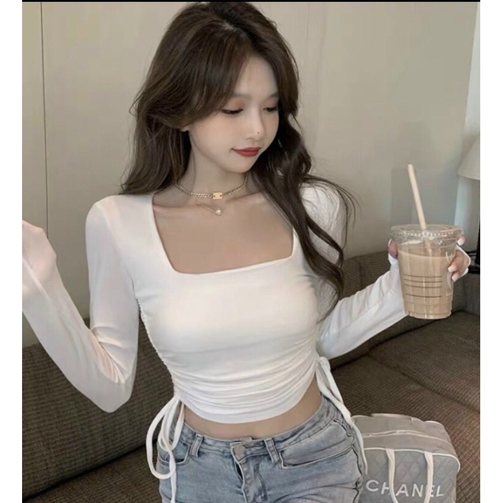 Áo thun kiểu croptop tay dài cổ vuông chít hai bên dây
