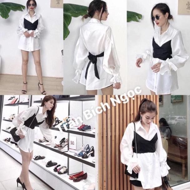 ÁO GIẤU QUẦN DOUBLE SHIRT DÁNG DÀI - ÁO SƠMI LIỀN TAY ĐẮP CHÉO CỘT NƠ ĐEN PHÍA SAU -ĐẦM ulzzang  ྇