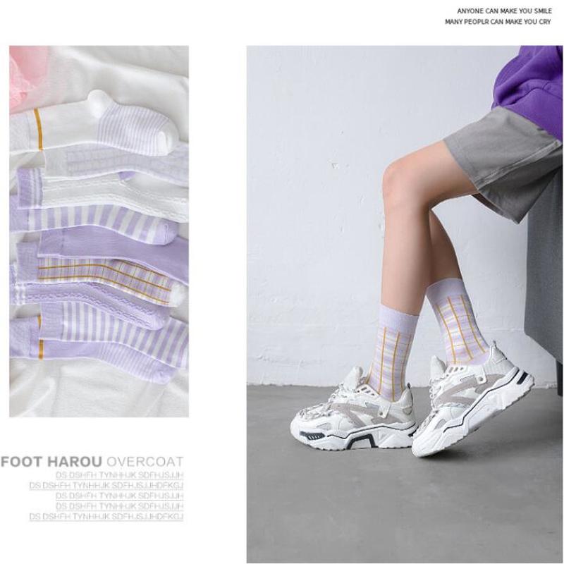 Đôi vớ cotton dài màu tím họa tiết kẻ sọc/caro thời trang cho nữ