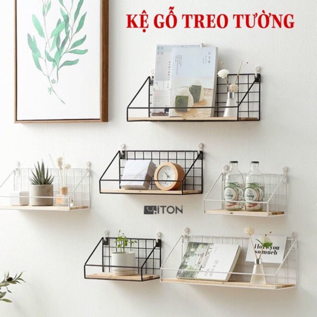 Kệ Sắt Đáy Gỗ Có Rào Chắn, Kệ Sắt Treo Tường Trang Trí Nhà Cửa Tặng Kèm Đinh Và Miếng Dán