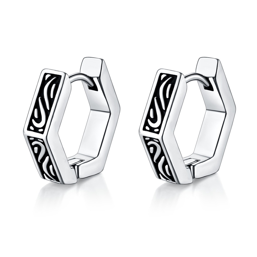 Bông tai titan lục giác viền hoa văn unisex không gỉ UE2204