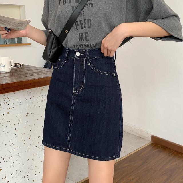 Chân Váy Denim Chữ A Lưng Cao Màu Xanh Dương Đậm Phong Cách Hàn Quốc Thời Trang Mùa Hè Mới Cho Nữ