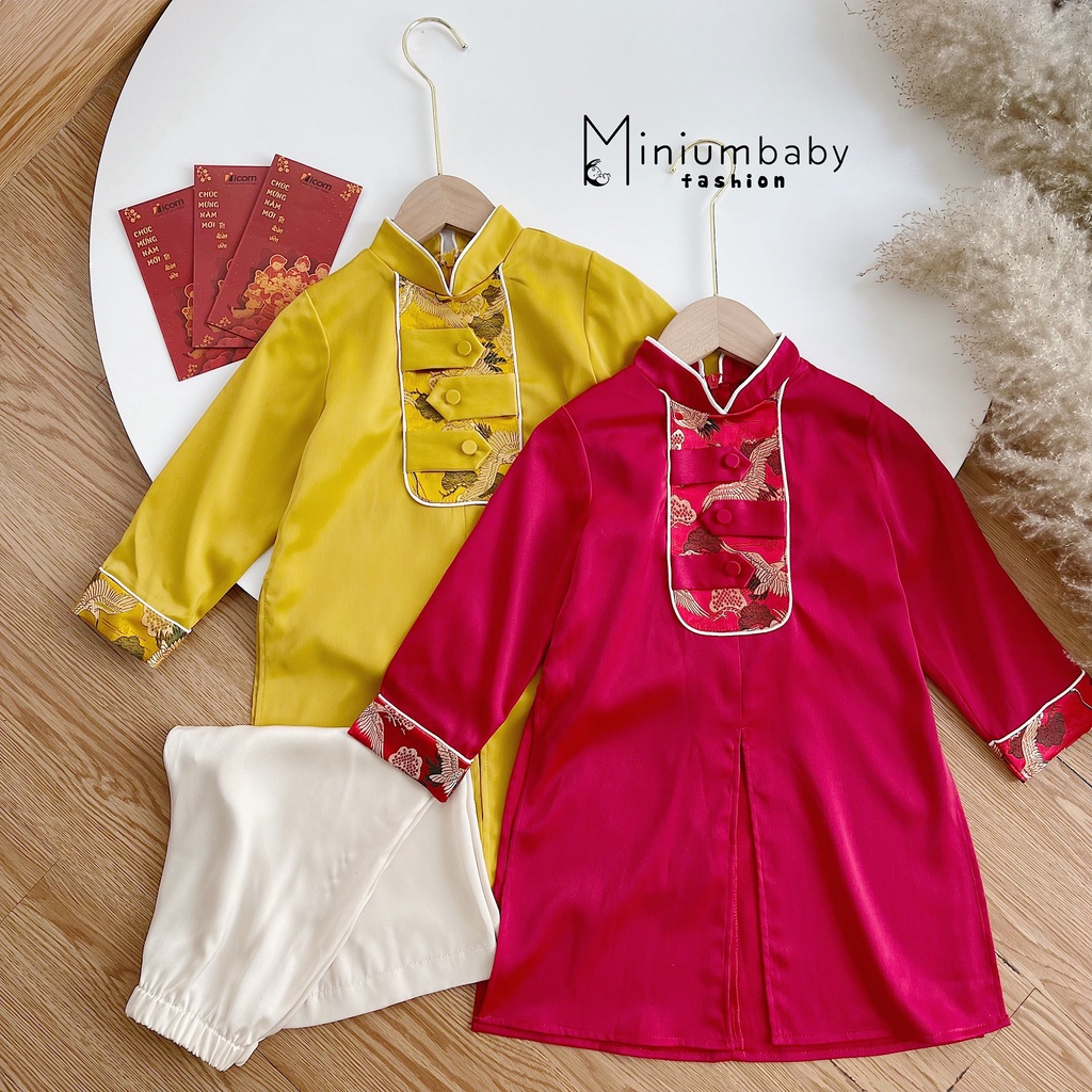 Set áo dài tết đoàn viên cho bé Minium, Bộ áo dài trẻ em mới nhất 2022,miniumbabyfashion AD1134