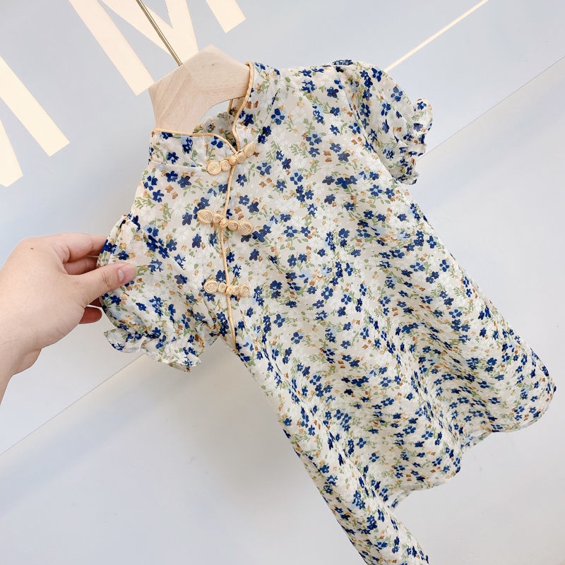 Đầm sườn xám họa tiết hoa thiết kế mới thời trang mùa hè theo phong cách Trung Hoa cho bé gái