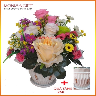 Hoa giả, Chậu Hoa Hồng Lụa Cao Cấp Monisa Gift {TẶNG} CHẬU SỨ 25K