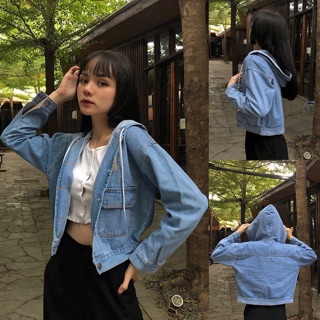 Áo khoác jean tay dài form rộng nón trùm kiểu hip hop