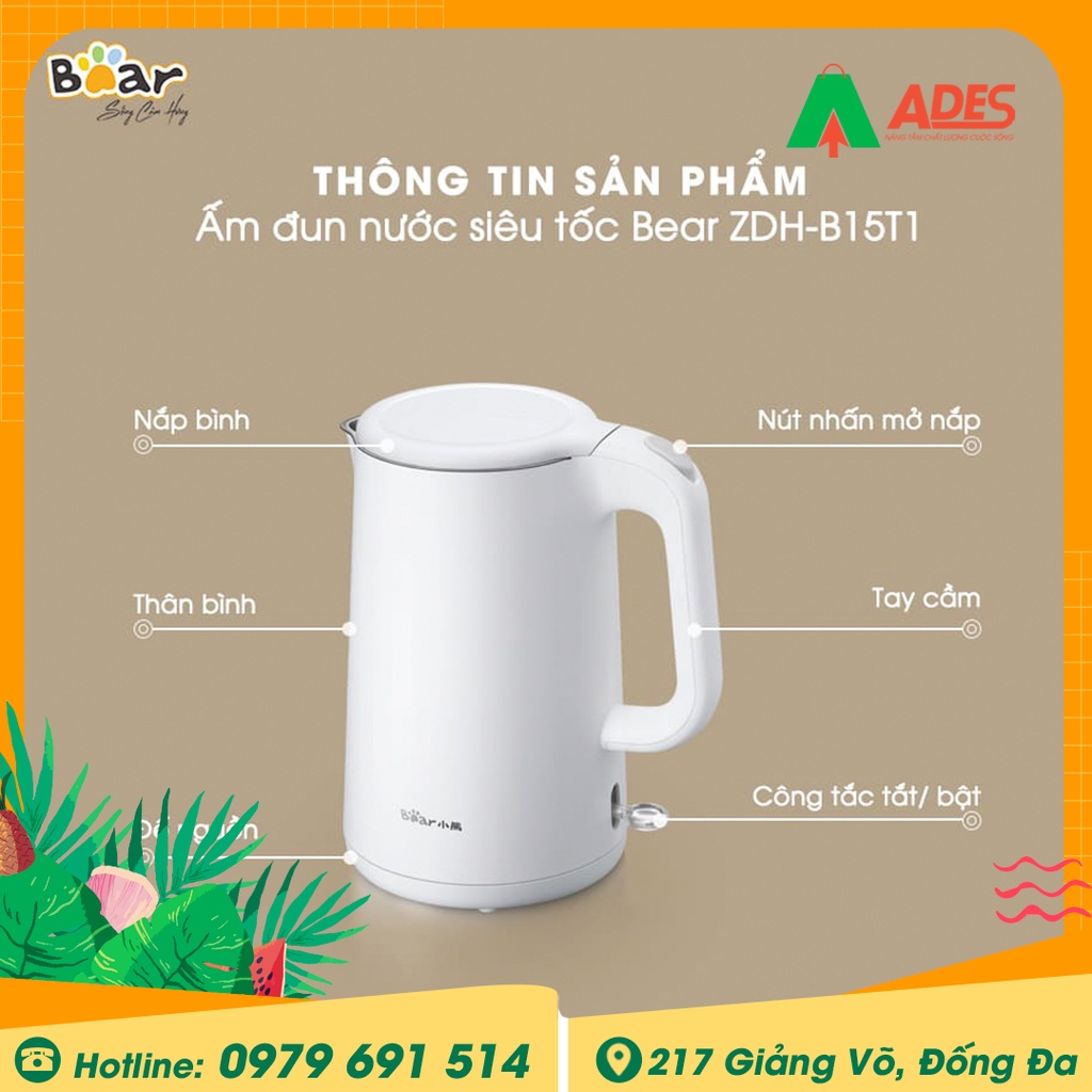 Bình đun nước siêu tốc Bear ZDH-B15T1 - HÀNG NỘI ĐỊA - Chính hãng Bảo hành 12 tháng - Sôi nhanh - NEW