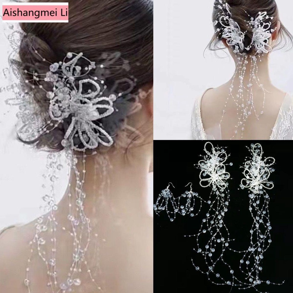 Cặp Bông Tai Kẹp Tua Rua Đính Pha Lê Cho Cô Dâu Ngày Cưới