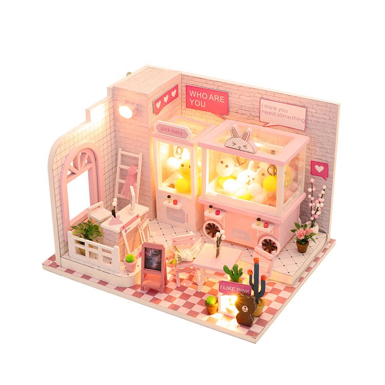 Mô hình NHÀ BÚP BÊ bằng gỗ có đèn led DOREMI PINK HONGDA C009 Tặng kem Mica và Bộ dụng cụ lắp ráp ToystationVN