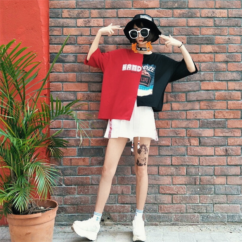 SUXI Áo thun ngắn tay in hình phong cách Hàn Quốc