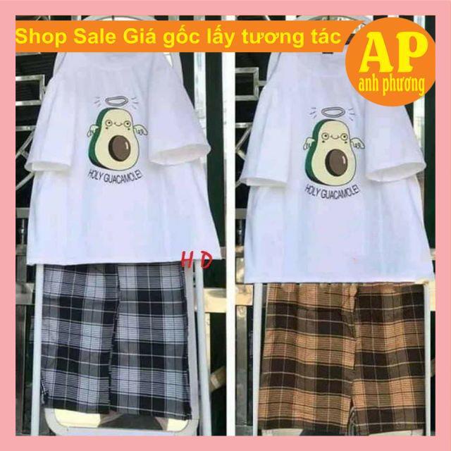 Sét áo QUẢ BƠ mix QUẦN KẺÁo chất cotton mềm mịn in hình quả bơ siêu netquần kẻ ống rộng chất thô mềmfreesize unisex