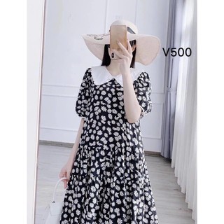 Váy bầu - Đầm chất đẹp họa tiết hoa cúc họa mi đen  V500