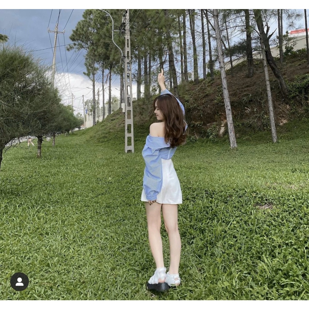 SET ÁO SỌC BẸT VAI + CHÂN VÁY NÚT TRẮNG