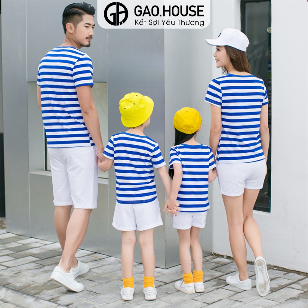 Áo gia đình Gạo House cotton 4 chiều cổ tròn chữ happy kẻ xanh