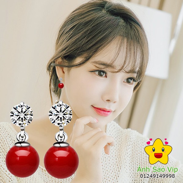 Bông tai nữ đính đá tòn ten mã não đỏ thẩm phong cách Hàn Quốc