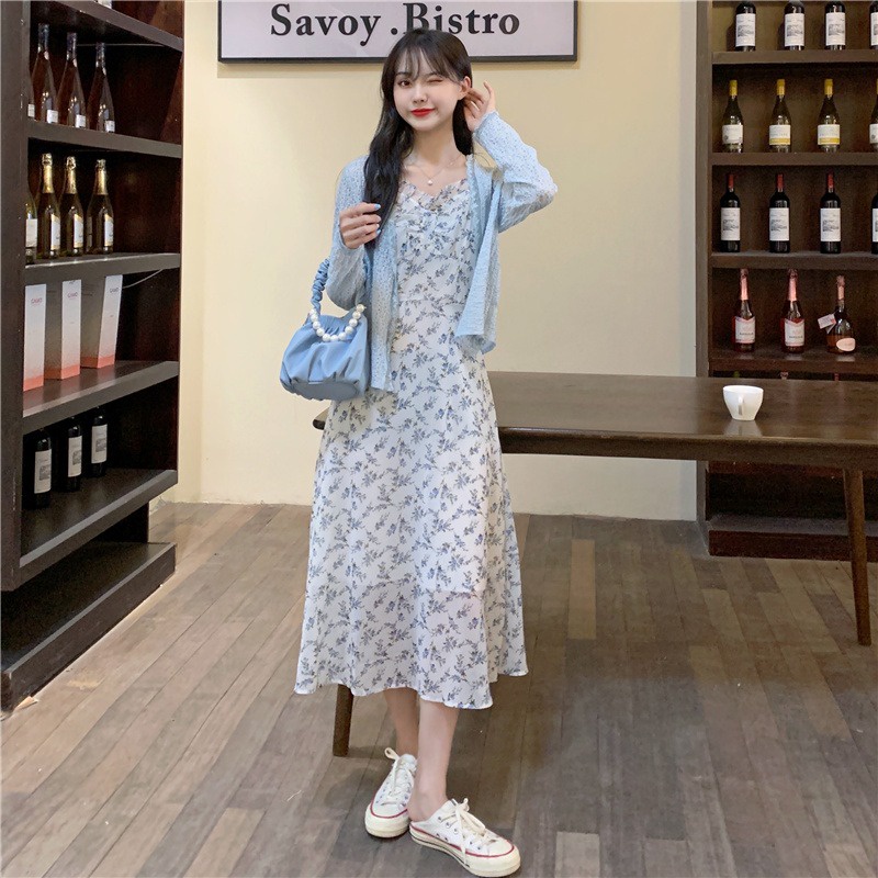 Set Váy 2 Dây Đầm Hoa Nhí Kèm Áo Khoác Ngoài Cardigan Xanh Mỏng Phong Cách Bánh Bèo Nhẹ Nhàng Phù Hợp Đi Biển Dã Ngoại