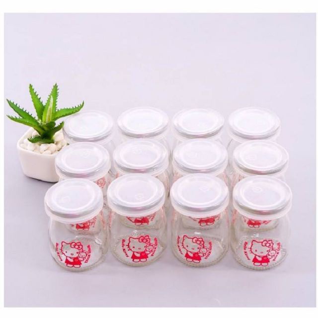 Bộ 12 hũ thủy tinh cao cấp làm sữa chua 100ml , có nắp đậy tiện lợi, in hình Hello Kitty - NTT