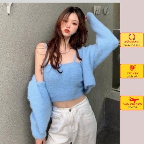 Set áo cardigan len nữ lông thỏ kèm áo 2 dây ulzzang Hàn Quốc mùa thu đông