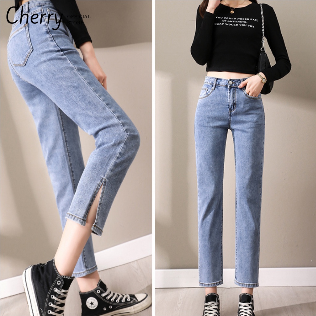 Quần jean nữ ống đứng dáng lửng xẻ gấu cao cấp phong cách Hàn Quốc, quần bò nữ ống ngắn suông có co giãn CHERRY T031