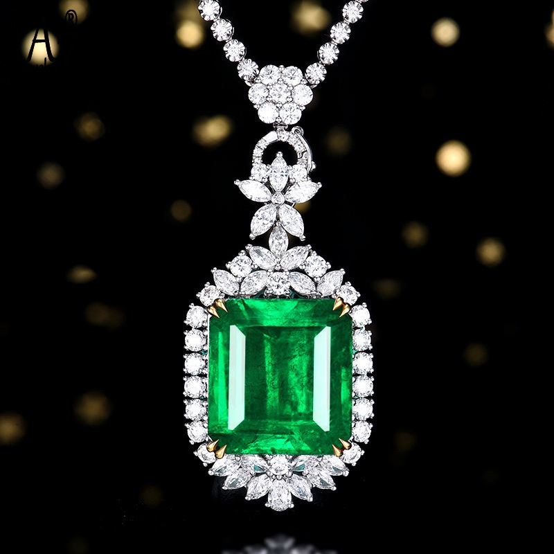 Vòng cổ Mạ Bạc 925 Mặt Vuông Đính Đá Ngọc Lục Bảo Toàn Diện Cho Nữ X4Y94