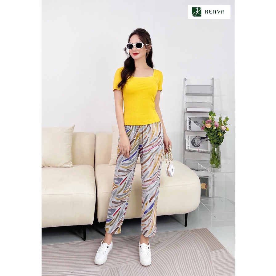 Set đồ lanh Kenva cao cấp, set có tách rời kiểu áo cotton trơn cổ vuông sang chảnh quần lanh họa tiết thổ cẩm trẻ trung