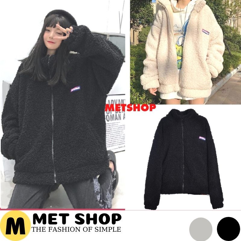 Áo lông cừu nam nữ tay dài cổ cao xinh xắn 2 màu trắng đen thời trang vintage ,Áo khoác mùa đông - METSHOP