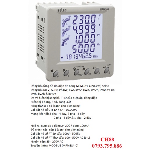 ĐỒNG HỒ ĐỒNG HỒ ĐO ĐIỆN ĐA NĂNG, GIÁM SÁT NĂNG LƯỢNG MFM384-C (96X96)