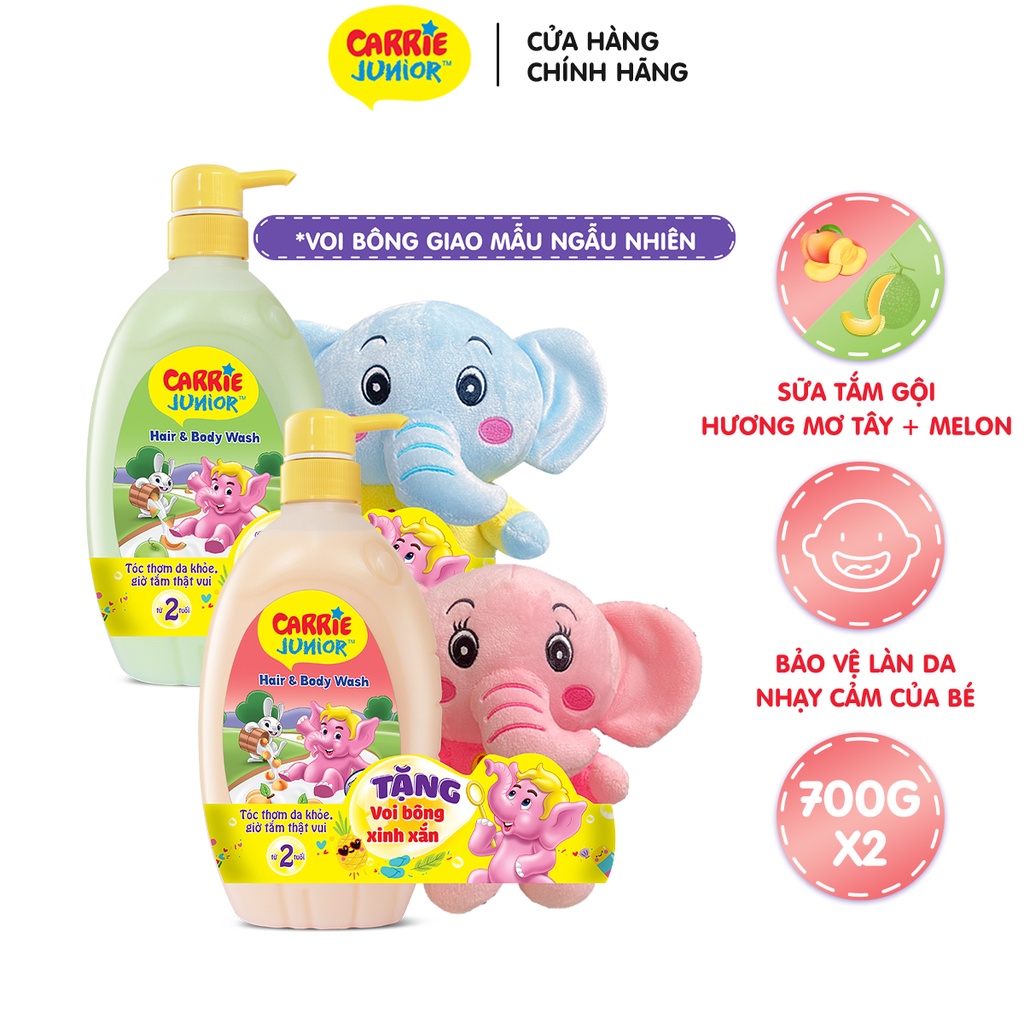 Combo 2 Chai Sữa Tắm Carrie Junior Yoghurt (700g/chai) Hương Melon + Mơ Tây + 2 Voi Bông (màu ngẫu nhiên)