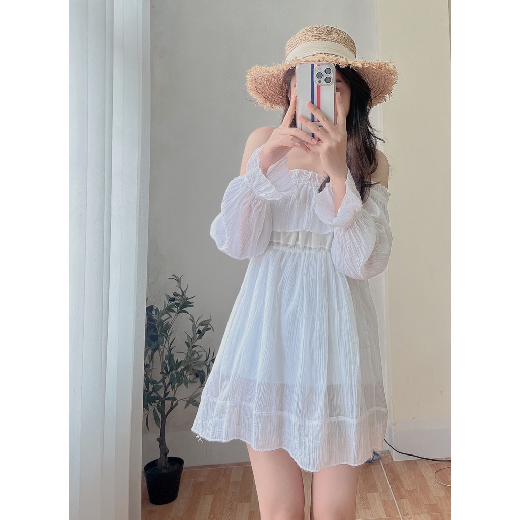 Áo váy babydoll trắng bánh bèo JULYF - Đầm mini trễ vai tay dài bồng bánh bèo tiểu thư, học sinh hàn quốc ulzzang
