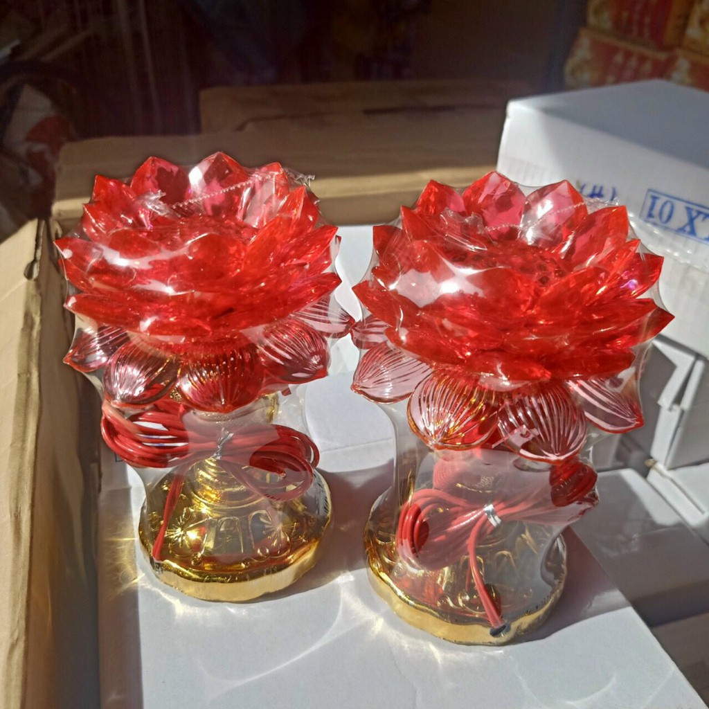 Bộ 2 đèn thờ cúng hoa sen có đèn LED đổi màu 17CM