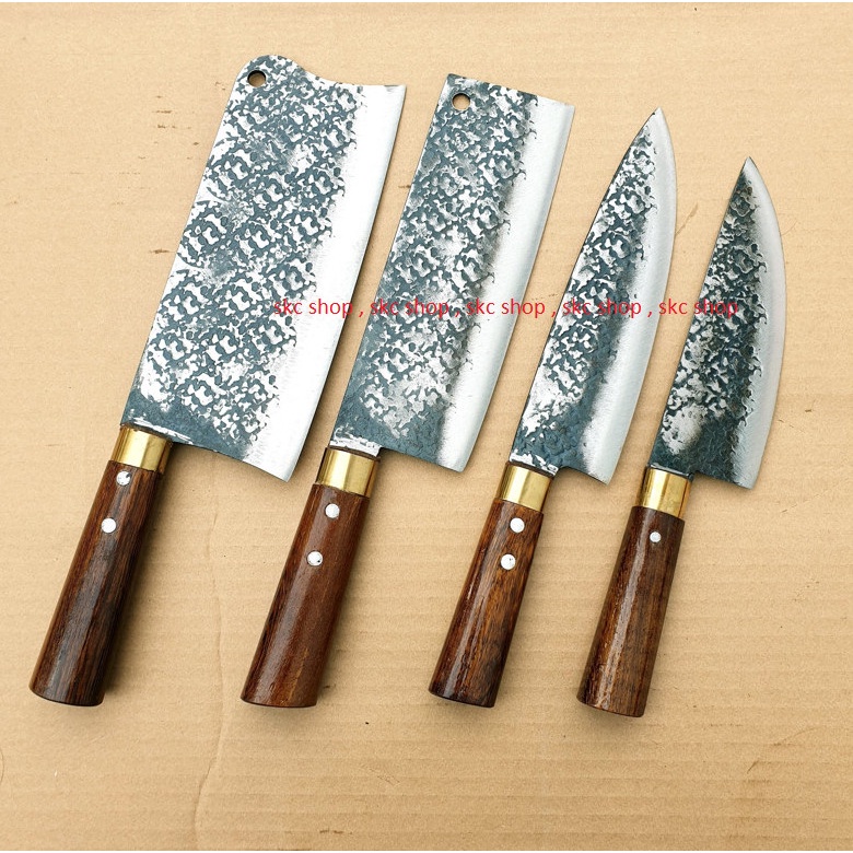 Bộ 4 dao bếp cán gỗ mun , rèn thủ công từ nhíp xe
