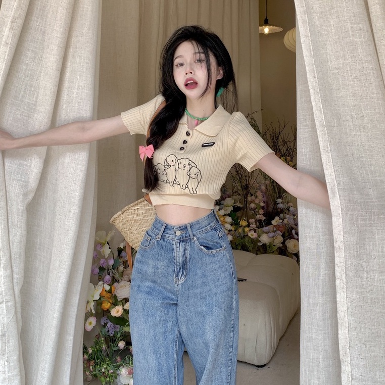 Áo thun polo ZHELIHANGFEI dệt kim tay ngắn thêu hình thỏ dễ thương thời trang