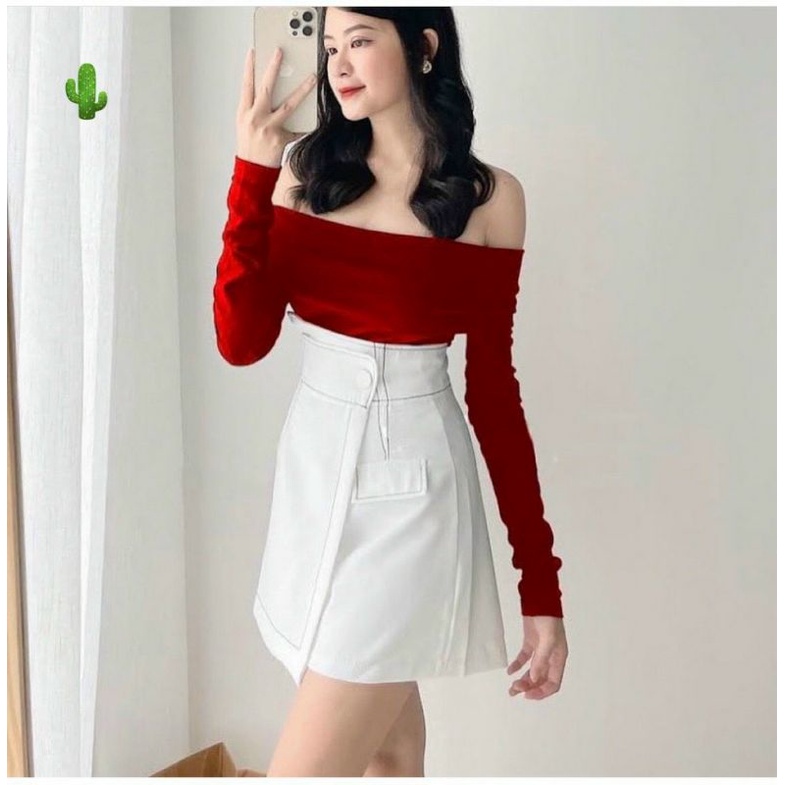 Áo bẹt vai len gân tay dài đỏ rực rỡ sang xịn