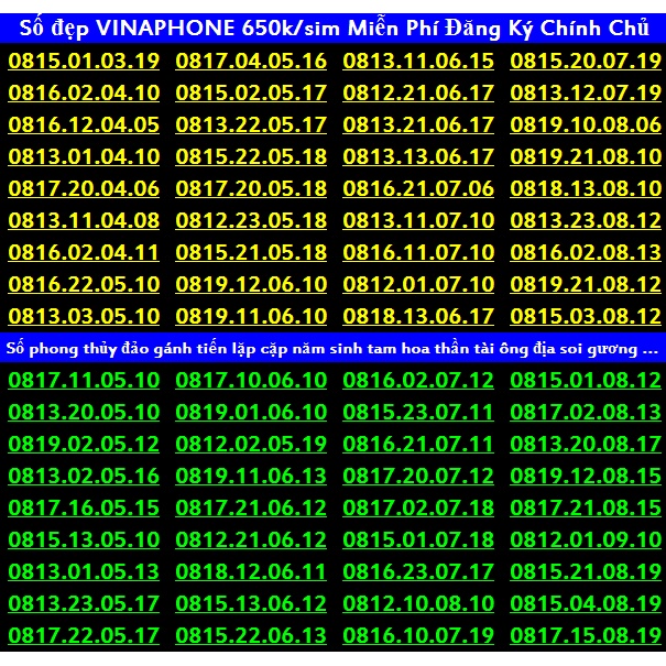 Sim Vina số đẹp 650k Miễn phí ĐK chính chủ Có được nhiều gói Ưu đãi phút gọi + Data + tin nhắn khủng của VinaPhone