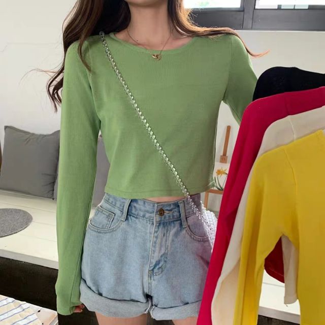 Áo thun croptop ulzzang tay dài ôm body 2019