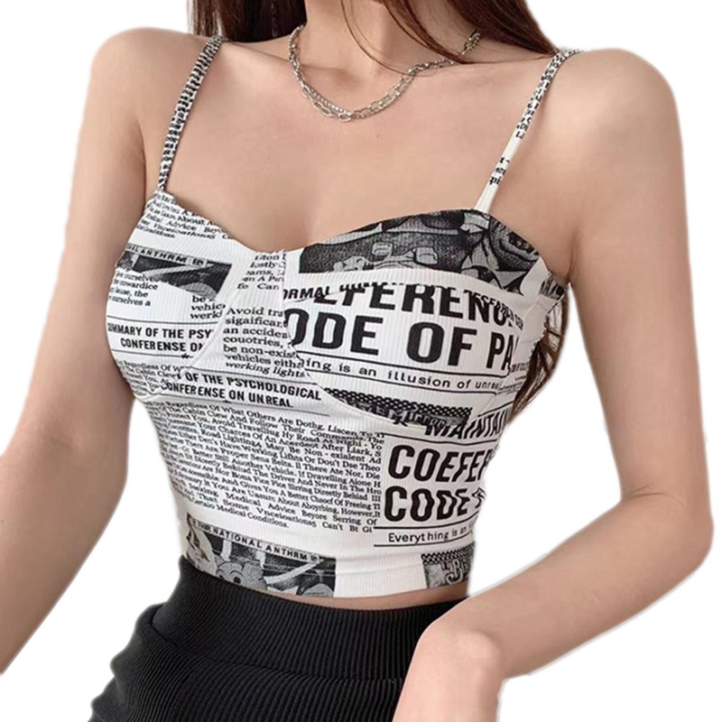 Áo Croptop Hai Dây In Họa Tiết Tờ Báo Phong Cách Cổ Điển Quyến Rũ Dành Cho Nữ