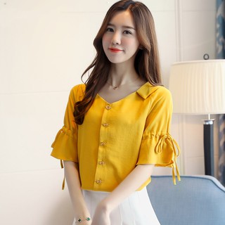 Ao sơ mi hàn quốc cổ tim tay lỡ thắt nơ