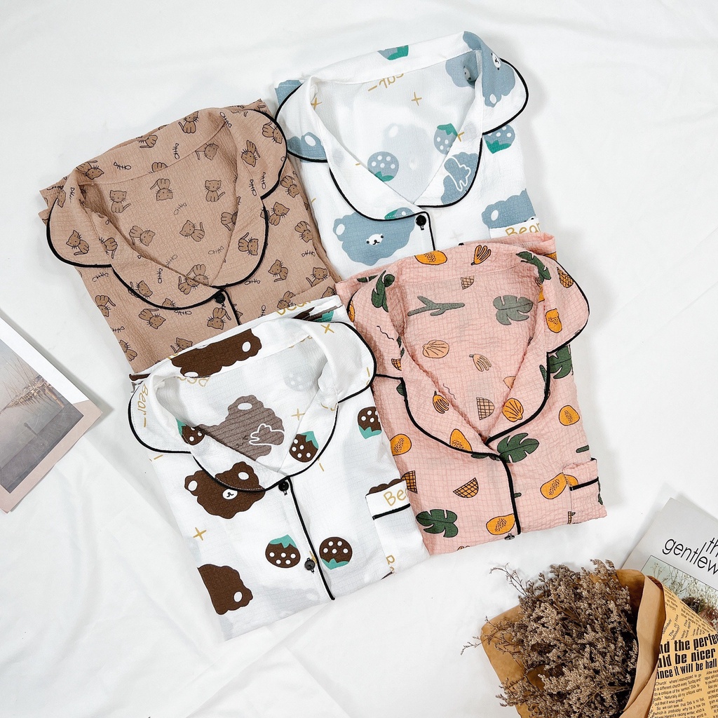 Bộ pijama nữ Yuna cộc tay mặc nhà chất liệu đũi xốp thấm hút mồ hôi tốt họa tiết siêu dễ thương,thời trang nữ YUNA_DN001