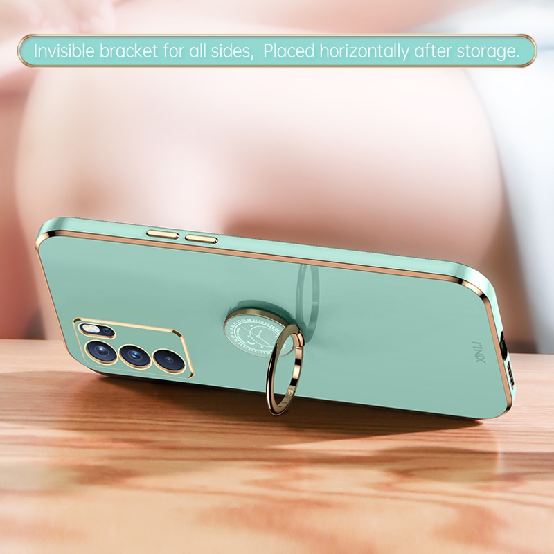 Ốp Điện Thoại Silicon Dẻo Viền Vuông Màu Macaron 6D Kèm Giá Đỡ Nhẫn Cho Oppo Reno 6Z 6 5 4 Pro