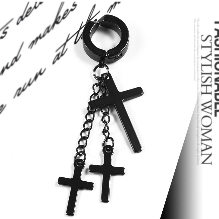 Khuyên tai kẹp 3 THÁNH GIÁ độc đáo màu đen không cần bấm lỗ dành cho nam và nữ