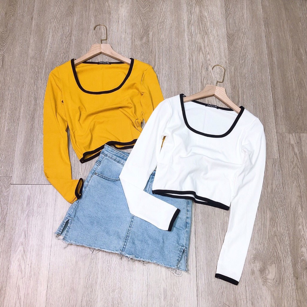 Áo croptop cổ vuông viền đen trắng JOY BABE  style tối giãn cá tính, thun cao cấp mịn êm Forever 21 cổ U đẹp CROD 6 -2C